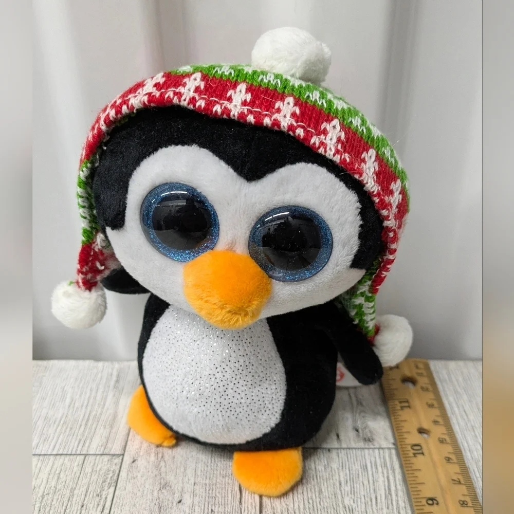 Ty Penelope Black and White Penguin with Red and Green Hat